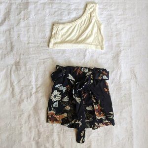 Shoulder Ribbed Crop Top & Belted Floral Paperbag Shorts